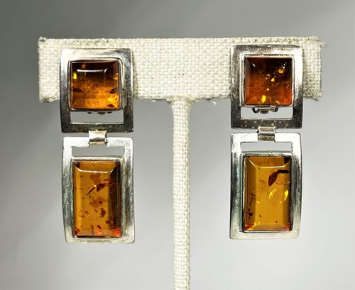 Fine Pair Of Genuine Amber And Sterling Silver Clip Earrings