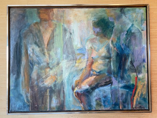 'in The Morning' Mid Century Oil On Canvas Abstract By Well Known Courtroom Illustrator Marilyn Church.