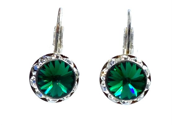 Stunning Silvertone & Emerald Rhinestone Drop Dangle Earrings