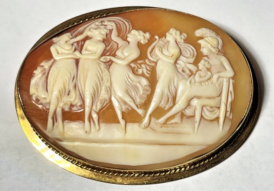 LARGE 14K Gold Neoclassical Multi Figure Scene Carved Shell Cameo Brooch