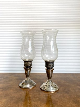 Towle Sterling Weighted Candle Bases With Etched Glass Hurricane Shades