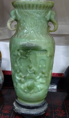 Vintage Chinese Green Resin Vase On Stand With Elephant Trunk Handles