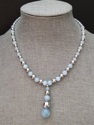 VINTAGE STERLING SILVER LIGHT BLUE STONE BEADS DROP NECKLACE