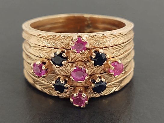 STUNNING VINTAGE HEAVY MULTI BAND 14K ROSE GOLD RUBY & BLUE SAPPHIRE RING SIZE 9