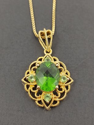 NICE GOLD OVER STERLING SILVER FILIGREE GREEN CZ STONE NECKLACE