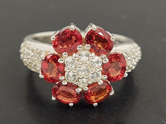 BEAUTIFUL STERLING SILVER RUBY & CZ FLOWER RING
