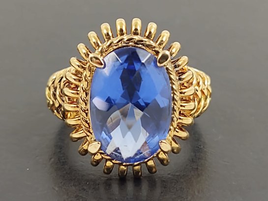 PRETTY GOLD OVER STERLING SILVER FACETED BLUE GLASS RING