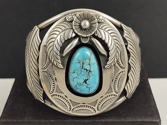 CHUNKY VINTAGE NATIVE AMERICAN THOMPSON PLATERO STERLING SILVER TURQUOISE CUFF BRACELET