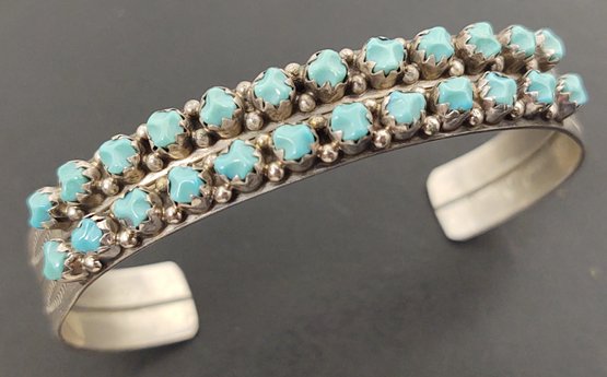 VINTAGE NATIVE AMERICAN LESTER LONASEE STERLING SILVER DOUBLE ROW TURQUOISE CUFF BRACELET