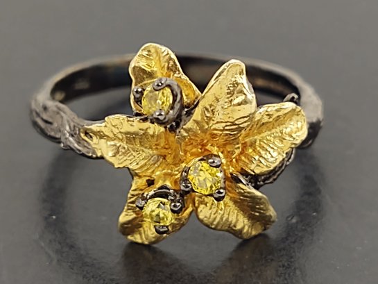 BEAUTIFUL ARTISAN HAND MADE STERLING SILVER CITRINE FIGURAL FLOWER & BRANCH RING