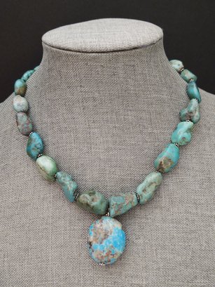VINTAGE STERLING SILVER CHUNKY TURQUOISE NUGGET BEADS NECKLACE