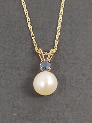 VINTAGE 10K GOLD 6mm PEARL & SAPPHIRE NECKLACE