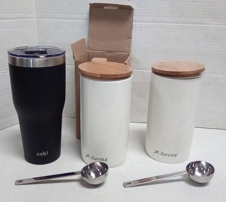Two Zurvita Ceramic Cannisters With Wood Tops/metal Scoops &  Zak! 30 Oz Travel Cup    E4