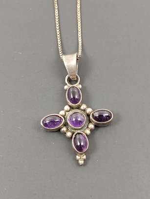 VINTAGE STERLING SILVER NECKLACE WITH AMETHYST CROSS PENDANT