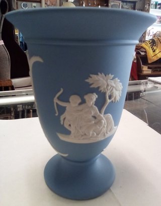 Vintage Wedgwood Blue Jasperware Vase, Signed, Cherubs & Goddess Cameos C4