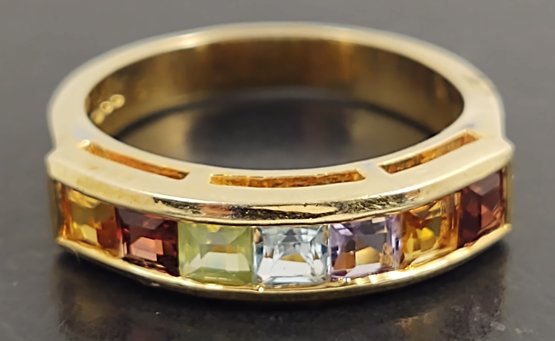 BEAUTIFUL GOLD OVER STERLING SILVER CHANNEL SET MULTI GEMSTONE RING