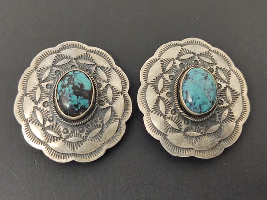 VINTAGE NATIVE AMERICAN STERLING SILVER TURQUOISE CONCHO EARRINGS