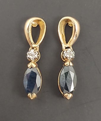 BEAUTIFUL GOLD OVER STERLING SILVER BLUE SAPPHIRE & DIAMOND EARRINGS