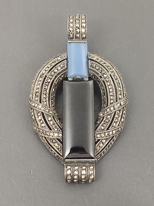 VINTAGE STERLING SILVER MARCASITE ONYX & CHALCEDONY BROOCH