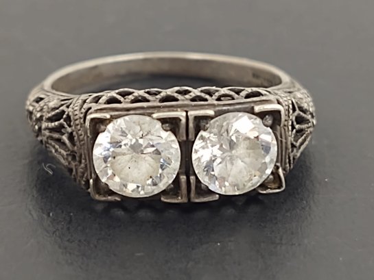 VINTAGE ART DECO STYLE STERLING SILVER FILIGREE DOUBLE CZ RING