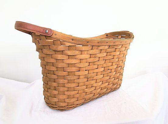 Large Collectible Longaberger Basket With Plastic Lining And Leather Handles