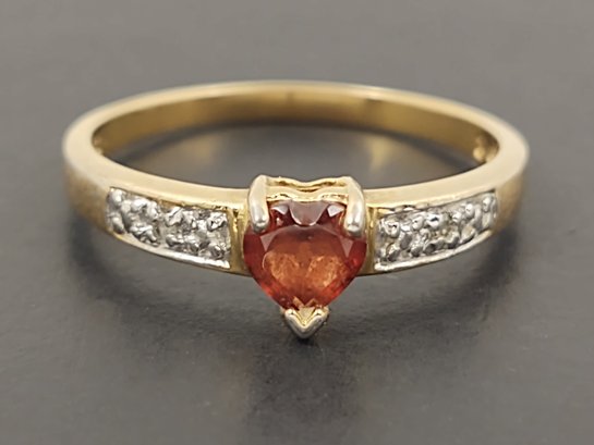 BEAUTIFUL GOLD OVER STERLING SILVER GARNET HEART & TINY DIAMOND RING