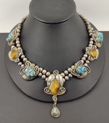 VINTAGE SOUTHWESTERN SILVER PLATED & NICKEL SILVER TURQUOISE TIGERS EYE NECKLACE