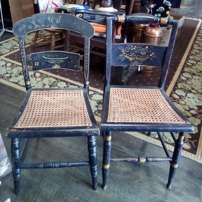 Two Early American Hitchcock Side Chairs With Beautiful Hand Painted Details & Cane Seats   MB/SR