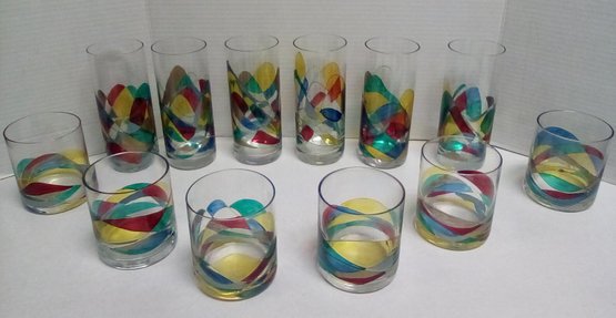Set Of 6 Art Glass Rocks Glasses & 6 Matching Art Glass Highball Glasses - 12 Items DS/A3