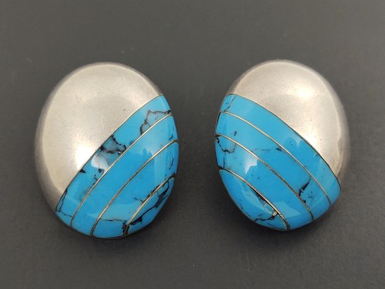 VINTAGE MEXICAN STERLING SILVER TURQUOISE INLAY CLIP EARRINGS