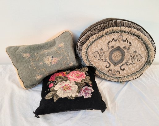 Trio Of Vintage Embroidered Pillows / Cushions
