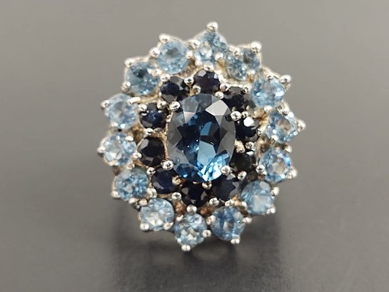 STUNNING STERLING SILVER BLUE TOPAZ AND BLUE SAPPHIRE RING