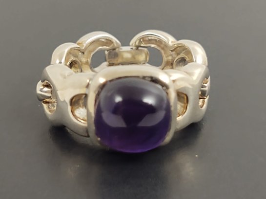 SIGNED AC STUDIO STERLING SILVER LINK AMETHYST CABOCHON RING