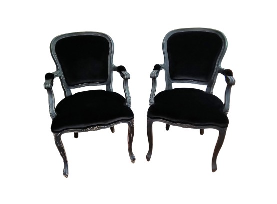 Stunning Pair Of Black Velvet French Style Arm Chairs
