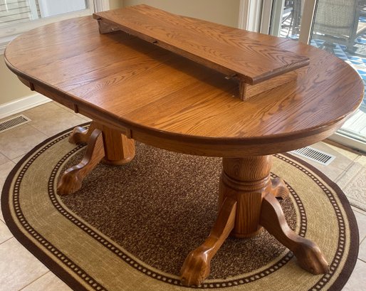 Solid Oak Double Pedestal Paw Foot Dining Table With Extension Leaves