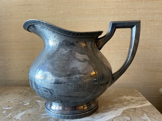 Beautiful Antique  Engraved Silver-plated Water Pitcher. 6 ' Tall. Windmills And Old Town Motifs.