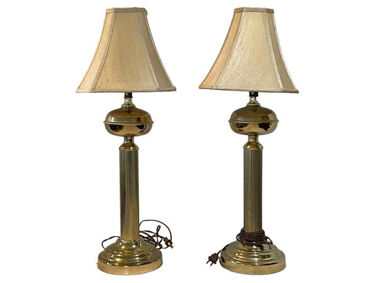 Pair Of Brass Table Lamps With Bell Shades
