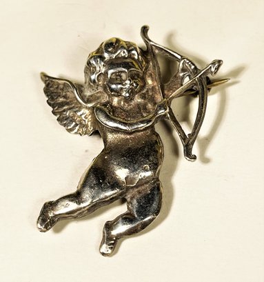 Sterling Silver Vintage Brooch Cherub With Bow And Arrow
