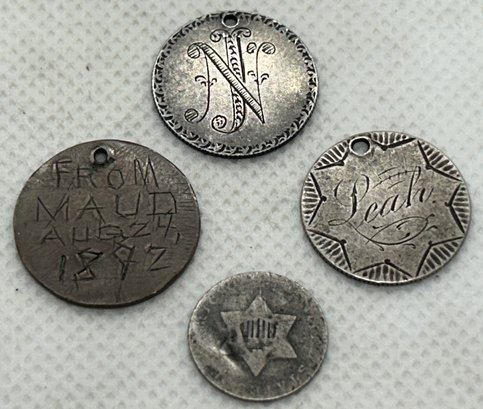 Antique Victorian Era 'Love Token' Coins- Seated Silver Dimes, Indian Head Penny And RARE 3-cent Piece
