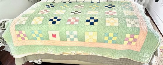 Vintage Handmade Pastel Green Quilt With Checker'd Squares