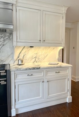 A 56 Inch Wide Quality Custom Base Cabinet - Beautiful Calacatta Monet Marble Counters - Delivery Available