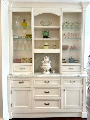 A Sophisticated Custom Built-In Wood Hutch - Calacatta Monet Marble Top And Glass Shelves - Delivery Available