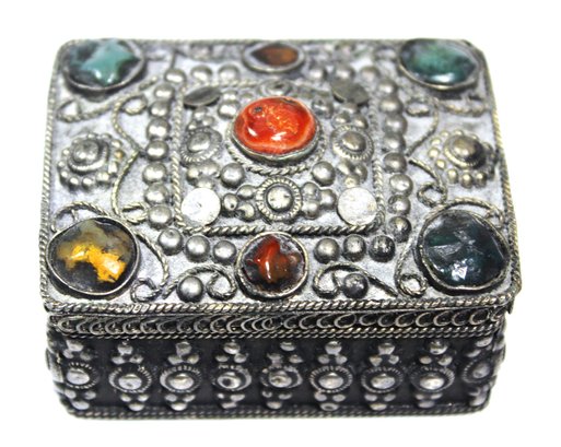 India Indian Silver Plated Trinket Box W Glass Stones