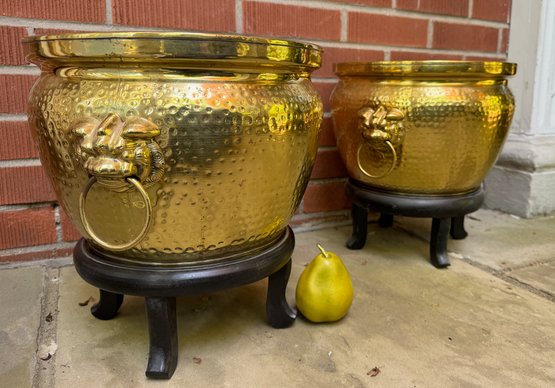 Pair Of Mid Century Hammered Brass Cache Pots With Dragon Handles