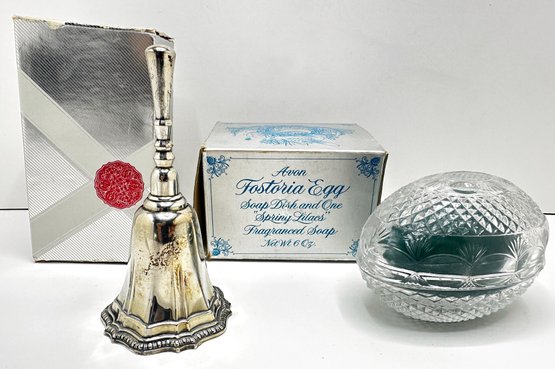 Vintage Avon Lead Crystal Fostoria Egg Soap Dish With Soap & Vintage Avon Silverplated Bell, Both New In Box