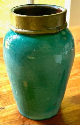 Vintage Terracotta Moroccan Turquoise Pottery Vase With Brass Metal Overlay.