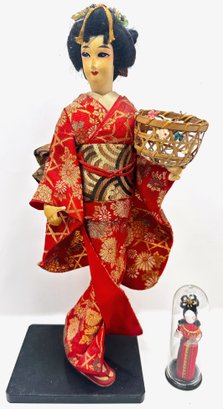 2 Vintage Japanese Geisha Doll Figurines, 1 Miniature