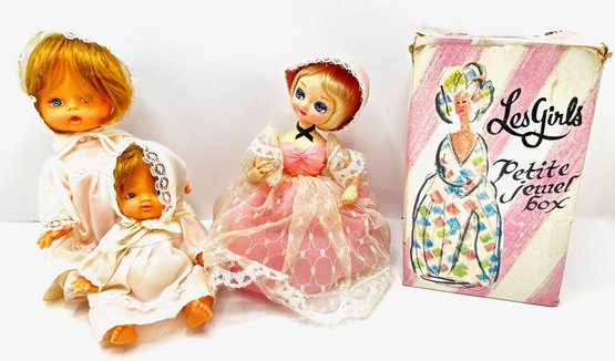 Vintage 1970s Les Girls Petit Jewelry Box Doll & 2 Vintage Baby Dolls