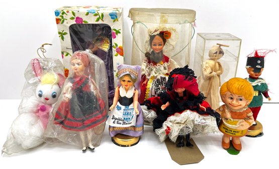 9 Vintage Dolls, Some New In Box, Souvenirs From International Travels