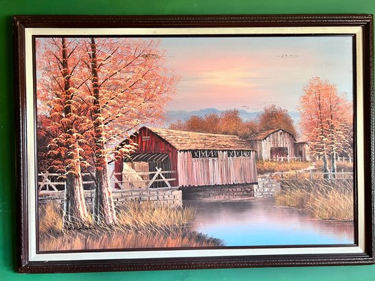 Signed Oil On Canvas Covered Bridge